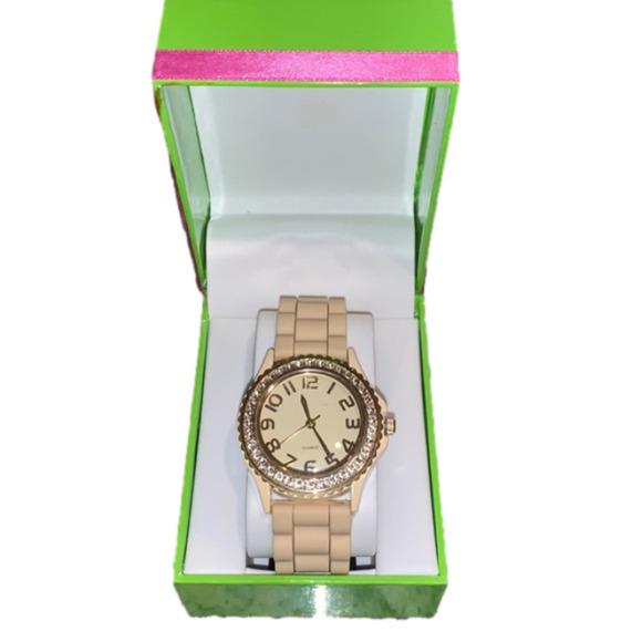 2/$30 JCPenney Nude Gold and Rhinestone Silicone Band Watch - Picture 1 of 5